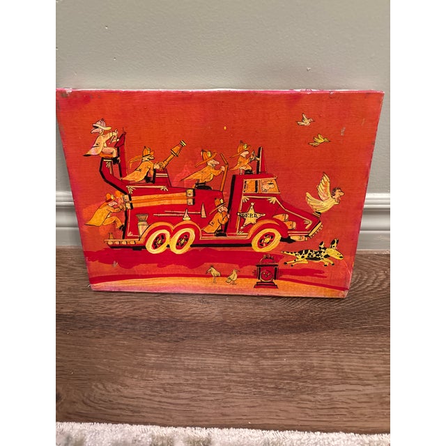 Pair of Vintage Post Modern Signed 1972 Whimsical Folk Paintings on Stretched Canvas – Fire Truck & Marching Band (Pair For Sale - Image 16 of 18