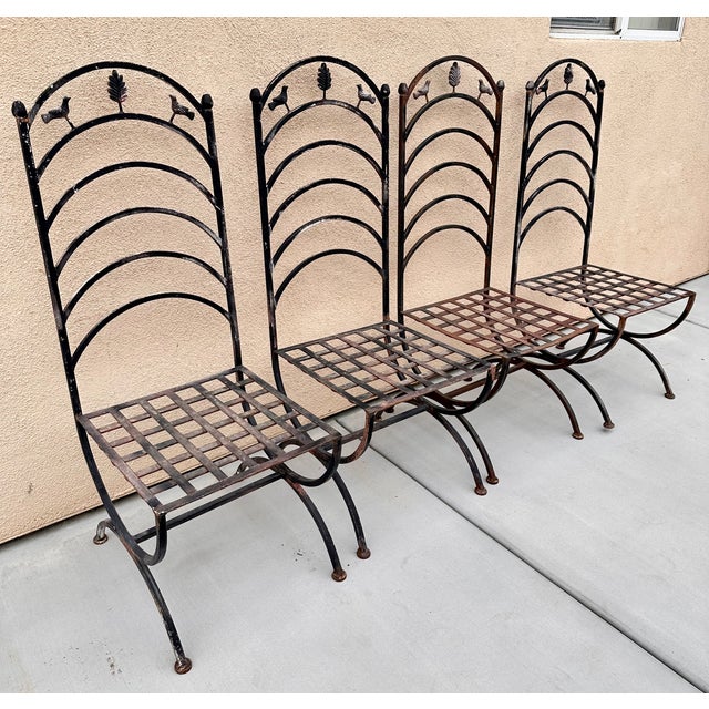Antique French Provincial Wrought Iron Garden Chairs Two Birds & Leaf Motif 4pc Set For Sale In Palm Springs - Image 6 of 7