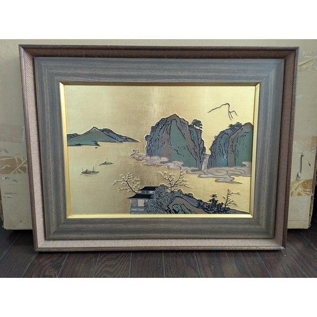 Vintage 24k Gold Leaf & Copper Chōkin Metal Relief Landscape Panel — 1970s For Sale In Atlanta - Image 6 of 6