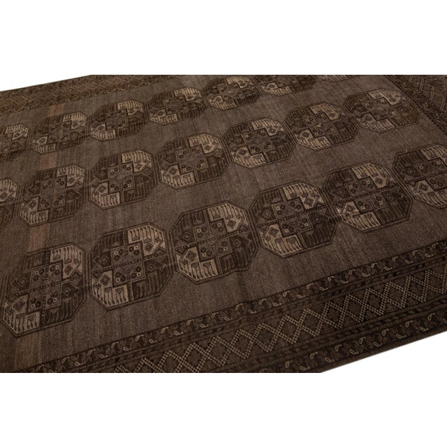 1930s Antique Turkmen Handmade Persian Wool Rug With Geometric Pattern in Brown For Sale In New York - Image 6 of 7