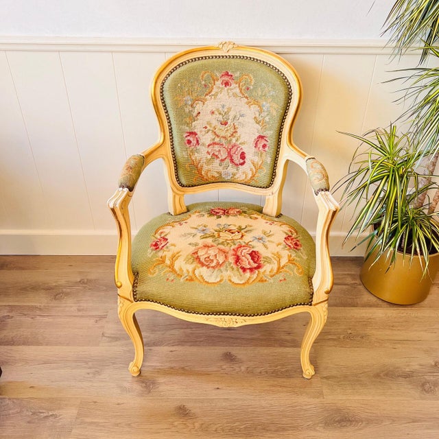 Antique Queen Anne Style Armchair with Rose Tapestry For Sale - Image 11 of 11