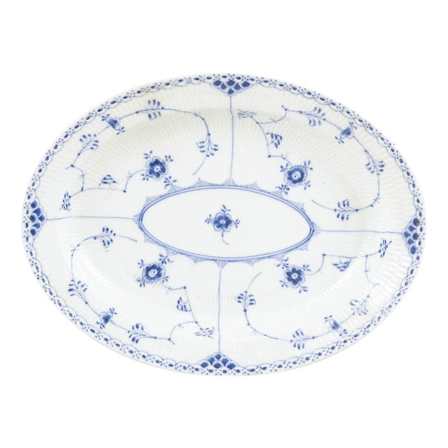 Blue Fluted Half Lace Oval Dish in Porcelain from Royal Copenhagen, 1950 For Sale
