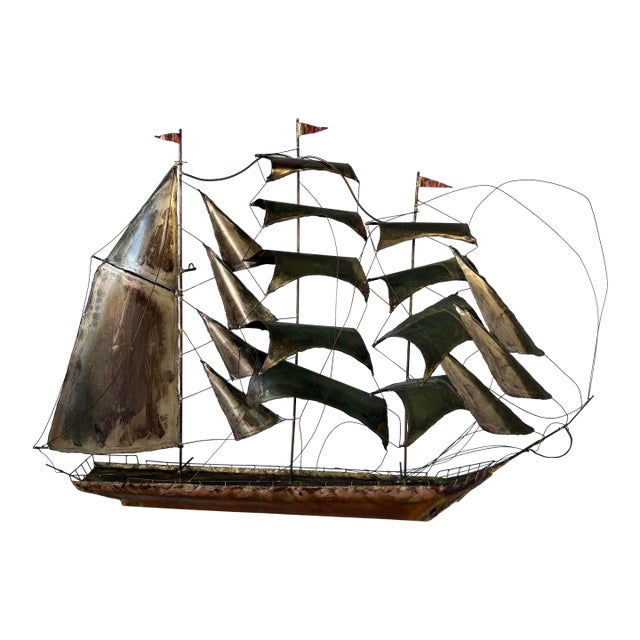 1970’s Vintage Curtis Jere Style Brutalist Metal and Copper Ship Wall Art Sculpture, Unsigned For Sale