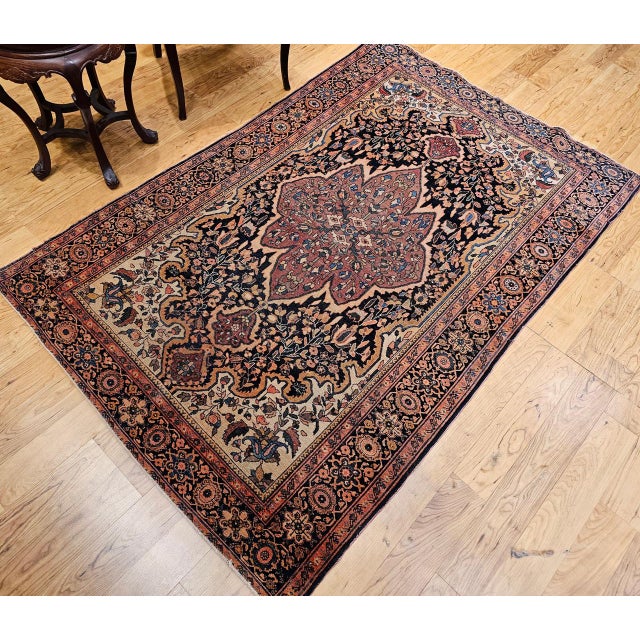 Textile 19th Century Persian Farahan Sarouk Rug, Hand-Knotted Wool, Floral Pattern, Navy & Plum Red, 4x6 For Sale - Image 7 of 18
