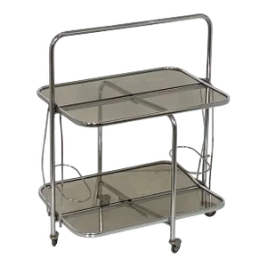 Art Deco Collapsible Rolling Cart or Drinks Trolley of Chrome and Smoked Glass