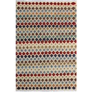 Boho Chic Moroccan High-Low Pile Arya Beige/Blue Wool Rug (9'0 X 12'0) For Sale