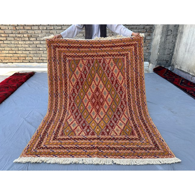 2000 - 2009 High Quality Gold Mushwani Hand-Woven Kilim Rug - 6'2" X 4'9" For Sale - Image 5 of 12