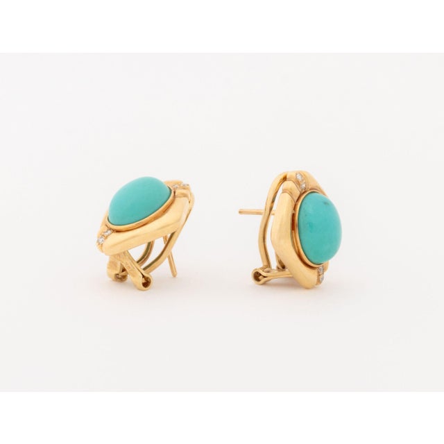 Metal Vintage Modernist 14k Yellow Gold and Turquoise Diamond Earrings For Sale - Image 7 of 9