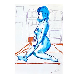 Martha Holden "Woman in Blue" Watercolor and Ink on Paper For Sale