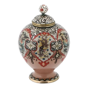 Antique Meiji Japanese Cloisonne Enamel Pink Jar With Dragons and Phoenix Birds
