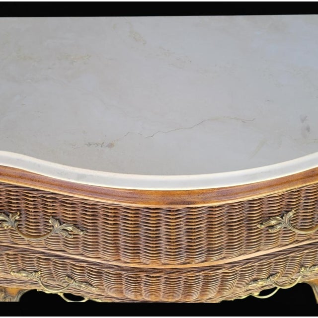 Century Furniture ​Vintage French Provincial, British Colonial Wicker & Gilt 3 Drawer Bombe Commode Chest With Marble Top For Sale - Image 4 of 14