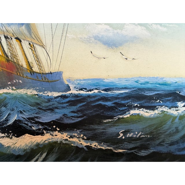 Nautical Oil Painting Sailing Ship Seascape Signed Maritime Art Ocean Waves Nautical For Sale - Image 3 of 9