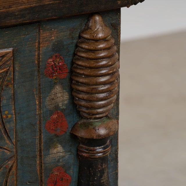 19th Century Blue Painted Carved Flat Top Trunk With Drawer From Hungary For Sale - Image 12 of 14