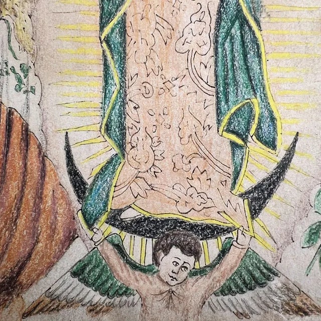 Blue Virgin of Guadalupe Hand Colored Spanish Colonial Drawing - Signed Mexico For Sale - Image 8 of 10