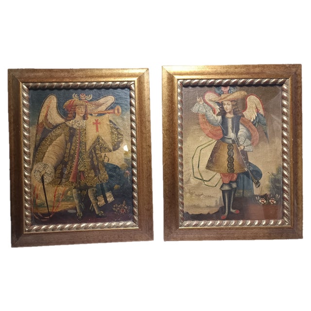 Harquebusier Angels, 1960s, Oil on Canvas Paintings, Framed, Set of 2 For Sale