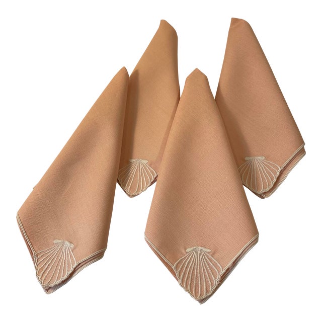 Salmon Dinner Napkins With Embroidered Shell Design - Set of 4 For Sale
