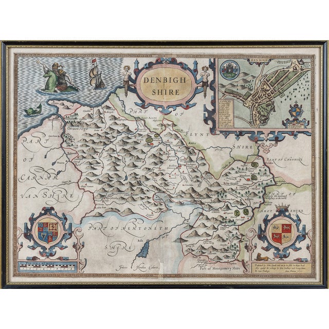 17th Century Map of Denbighshire by John Speed, 1610s For Sale