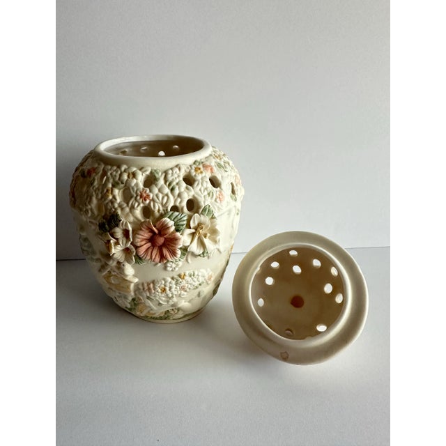 Ceramic Vintage Late 1900s Large Ceramic Ivory Colored Floral & Birds Potpourri Diffuser Ginger Jar For Sale - Image 7 of 12