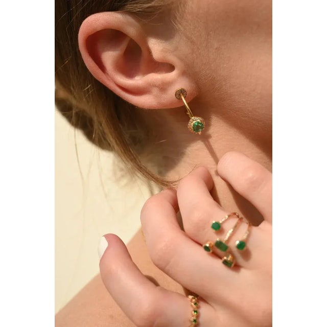 14k Gold Genuine Emerald Diamond Halo C-Hoop Wedding Earrings Gift- A Pair For Sale - Image 4 of 10