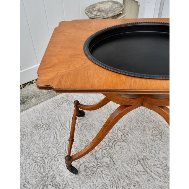 Fruitwood Serving Cart Mid Century Modern Removable Tray Rolling Bar Table 60s For Sale - Image 9 of 12