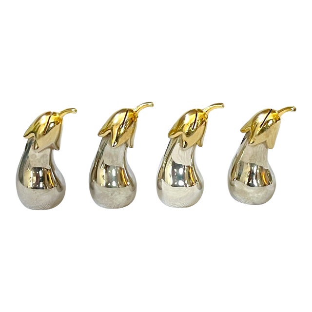 Vintage Silver & Gold Eggplant Place Card Holders Twenty Available – Set of 4 For Sale