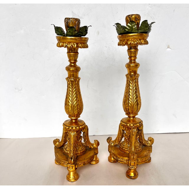 Antique Early 1900s Gilded Wood Ornate Candle Holders - A Pair For Sale - Image 4 of 15