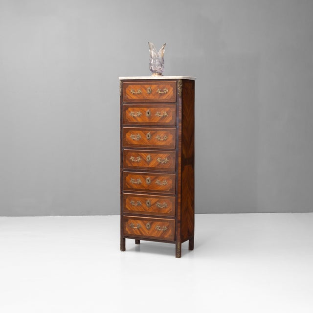 French Walnut Semainiere with Marble Top, 1880s For Sale - Image 9 of 9