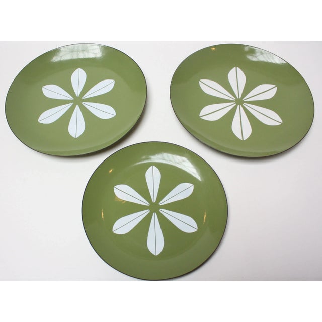 Set of three green enamel chargers / plates / platters by Cathrineholm or Norway. Two are larger chargers, measuring-...