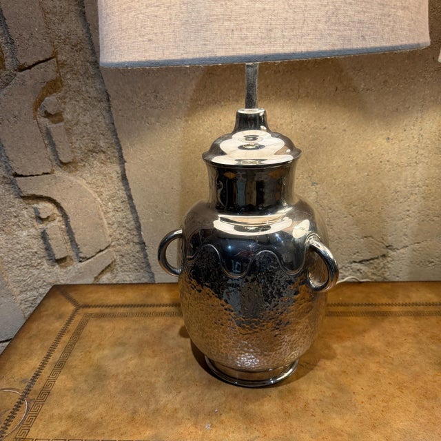 1980s Decorative Pair Hammered Metal Table Lamps Polished Chrome Finish For Sale - Image 5 of 18