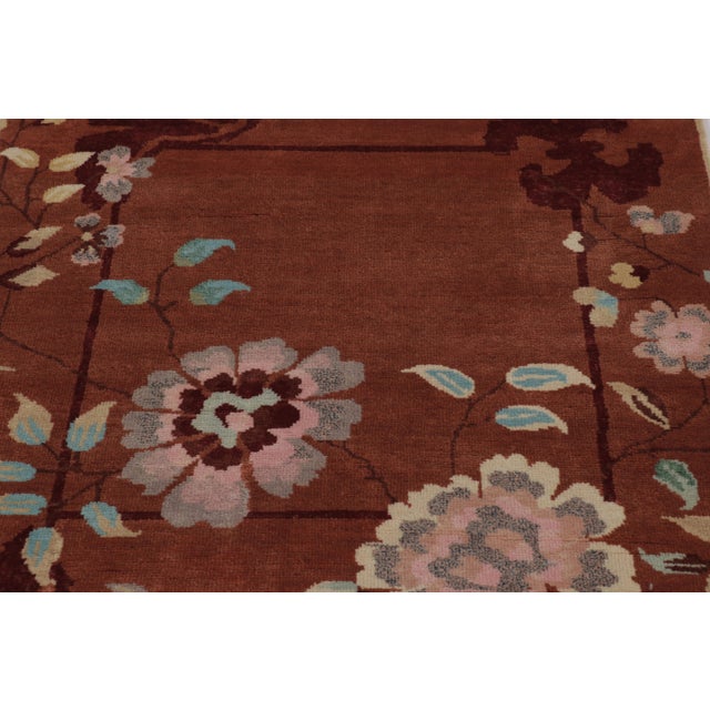 Art Deco Rug & Kilim’s Chinese Art Deco Inspired Square Rug, Vibrant Florals on Rust For Sale - Image 3 of 7