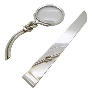 Vintage Italian Handmade Genuine Silver Paper Knife and Magnifier Desk Set For Sale