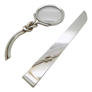 Vintage Italian Handmade Genuine Silver Paper Knife and Magnifier Desk Set