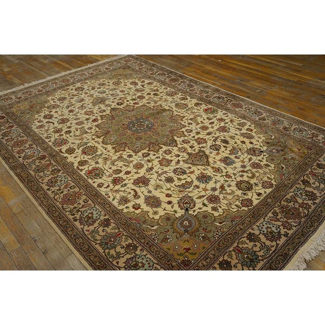 Textile 1940s Beige Antique Shah Abbas Medallion Tabriz Handknotted Wool Carpet Rug For Sale - Image 7 of 7