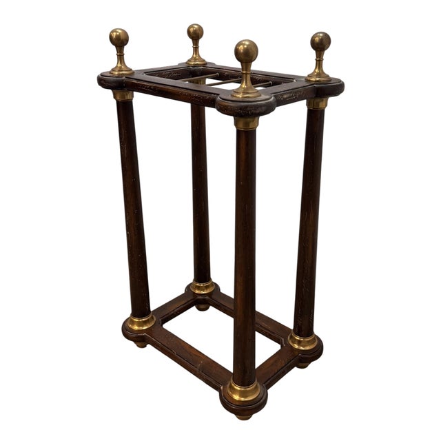 Vintage Edwardian Style Distressed Wood & Brass Umbrella Stand For Sale - Image 4 of 9