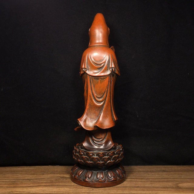Metal Vintage Gilded Bronze Standing Guanyin Bodhisattva on Lotus Base For Sale - Image 7 of 9