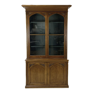 Antique Gothic Style Glass Front Carved Bookcase Cabinet
