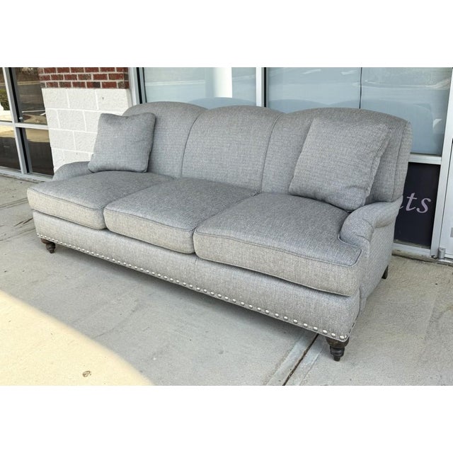 Arhaus Arhaus Upholstered Gray-Blue Three-Seat Sofa With Rolled Arms For Sale - Image 4 of 16