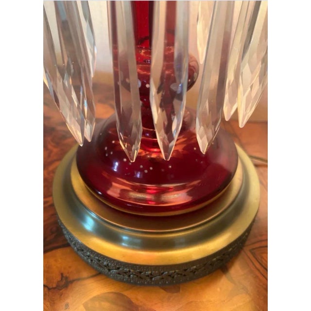 Victorian Late 19th Century Victorian Bohemian Cranberry Glass Lustre Table Lamp With Enameled Flowers & Crystal Prisms For Sale - Image 3 of 6