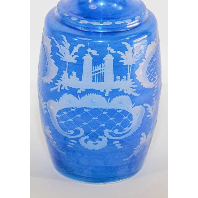 Boho Chic Antique Bohemian Blue Engraved Glass Bottle Covered Decanter For Sale - Image 3 of 13