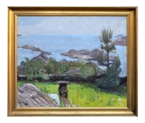 1970s Coastal Scene Landscape Oil Painting, Framed