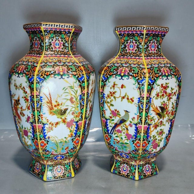 Mid 20th Century Famille Rose Hexagonal Porcelain Vases With Bird and Floral Motifs - Set of 2 For Sale - Image 4 of 9