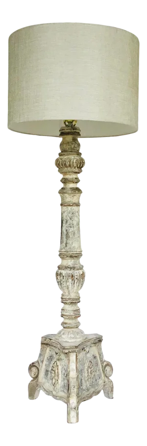 Boho Chic Carved WHite Washed Wood Candle Stand Floor Lamp
