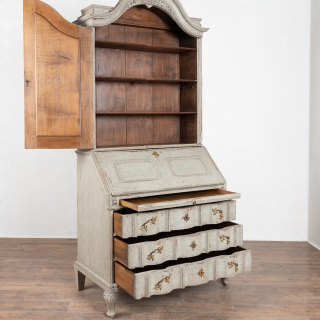 18th century Swedish oak secretary or "bureau" with a newer professionally applied layered gray painted exterior finish....