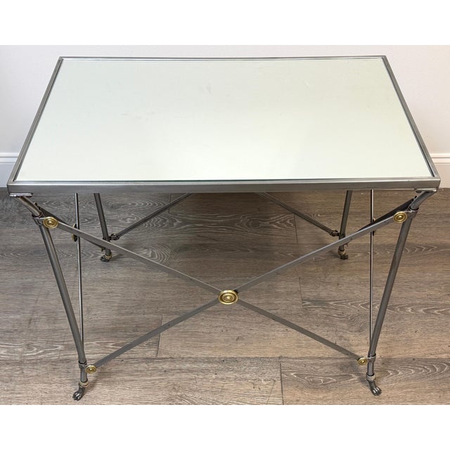 Maison Jansen Style French Neoclassical Steel & Brass Mirrored Gueridon Table For Sale - Image 4 of 13