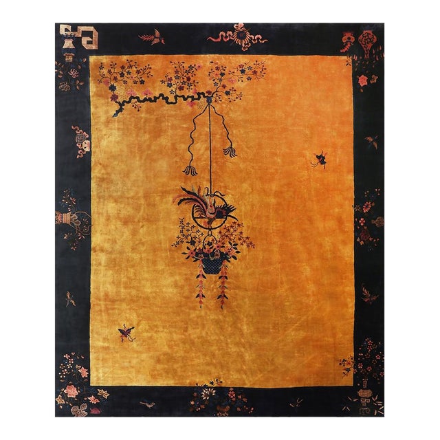 1920s Gold Field Vase Spray Flowers Shou Symbols Antique Chinese Art Deco Rug For Sale