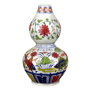 Chinese Vintage Ceramic Vase,Ming Dynasty Xuande Marked Blue and White Famille Verte Porcelain Gourd Vase Painted Lotus and Fishes Pattern
