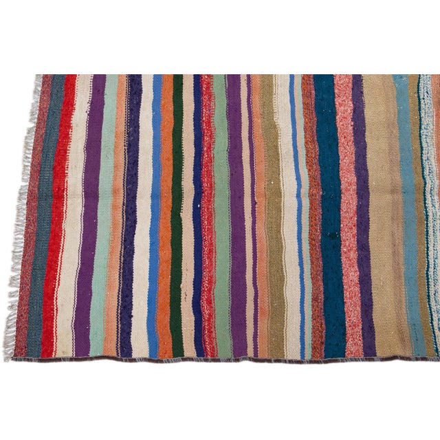 1960s Vintage Turkish Kilim Multicolor Handmade Stripes Wool Rug For Sale - Image 4 of 8