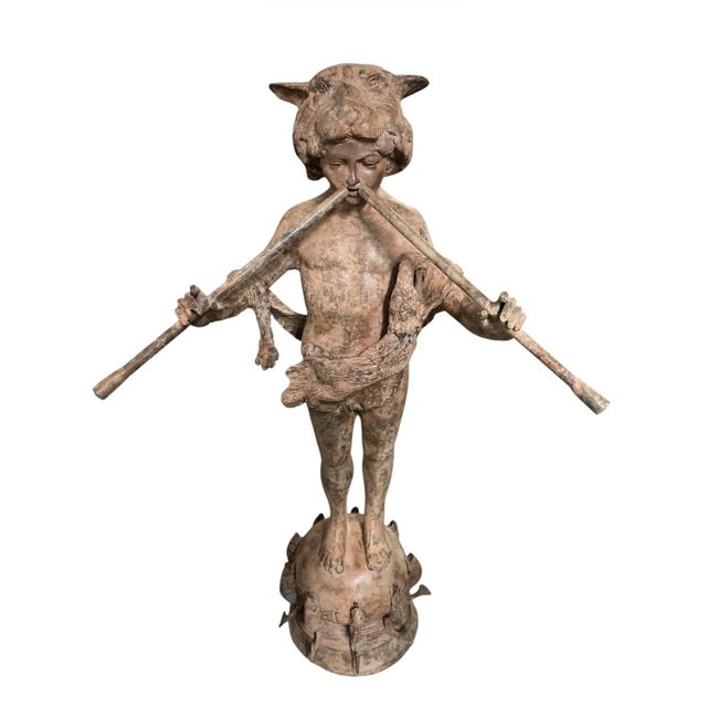 Vintage Neoclassical Patinated Bronze Fountain – Boy Playing Double Flute on Fish Base For Sale - Image 4 of 11