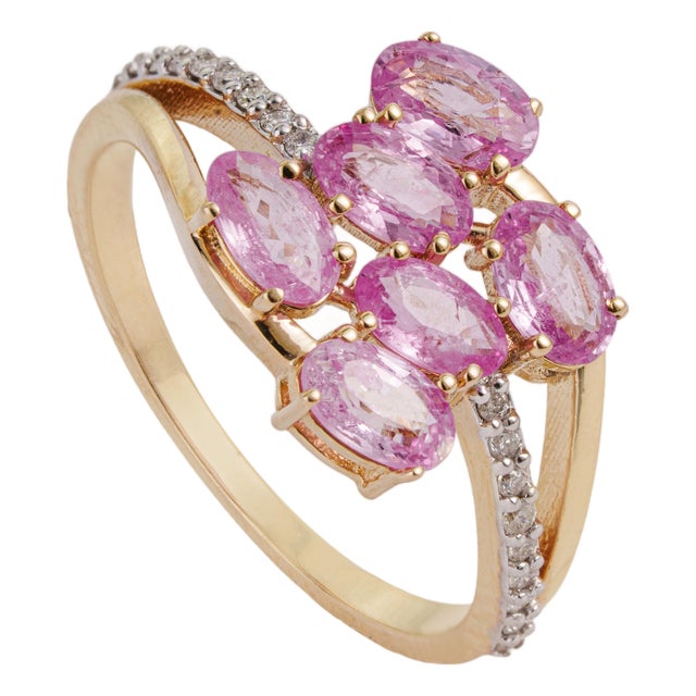 Art Nouveau 14k Yellow Gold 1.66ct Pink Sapphire & Diamond Cluster Bypass Ring Size 6.5 For Sale