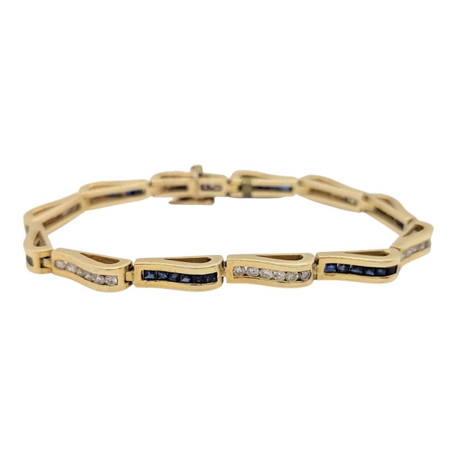 Blue Sapphire and White Diamond Bracelet in 14K Yellow Gold For Sale